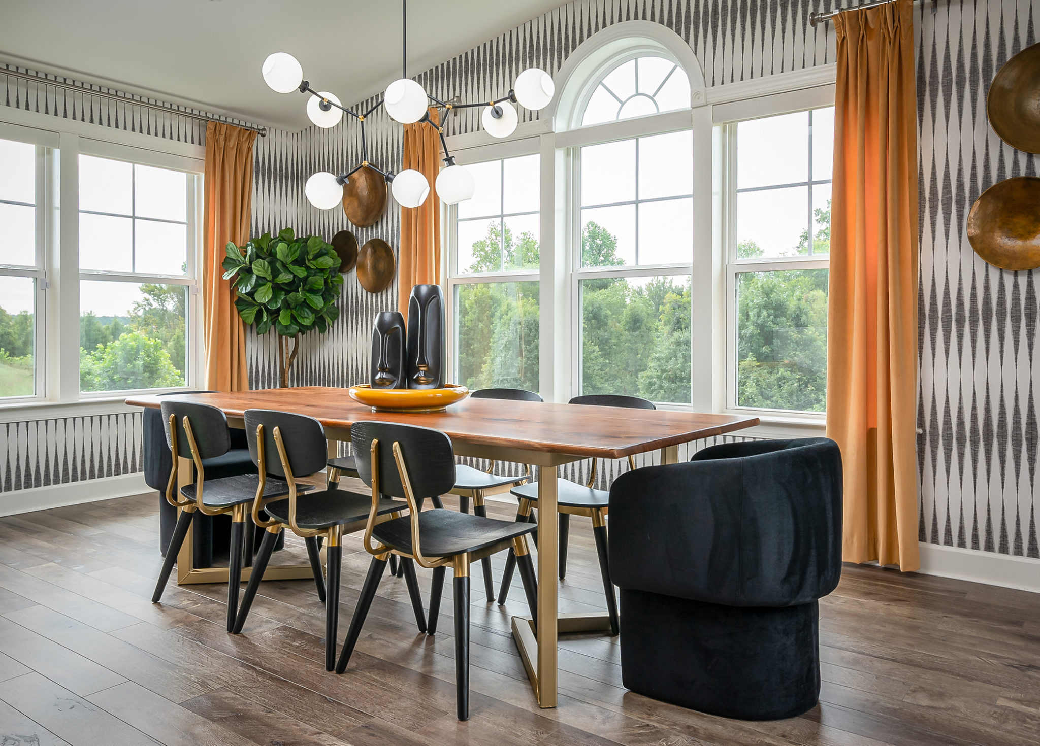 black and white themed dining area